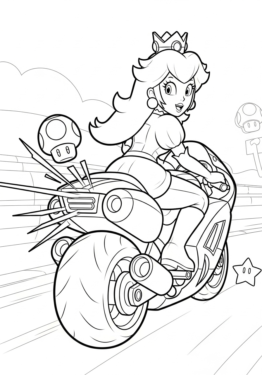 Princess Peach boosting on motorcycle coloring page