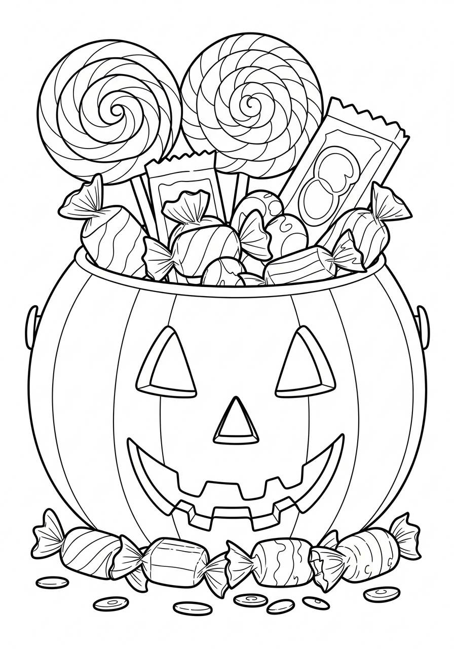Halloween Coloring Pages 18 Pumpkin treat bucket full of candy coloring page