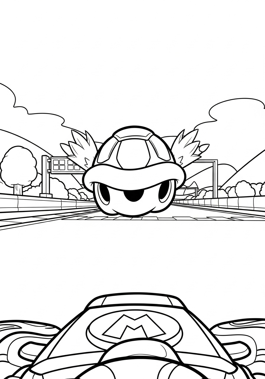 Red Shell flying towards racer coloring page
