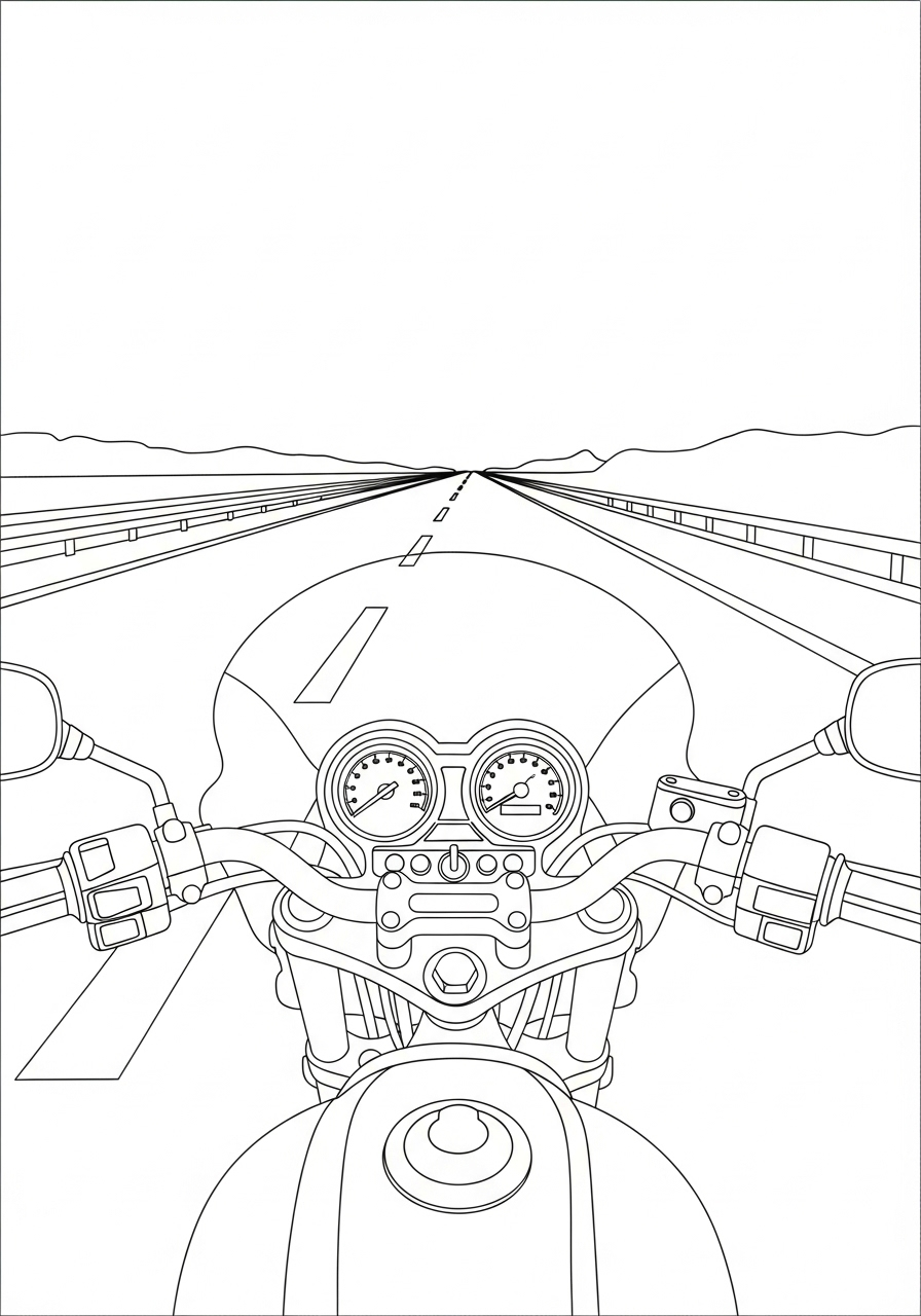 Rider’s POV, handlebars and open highway coloring page