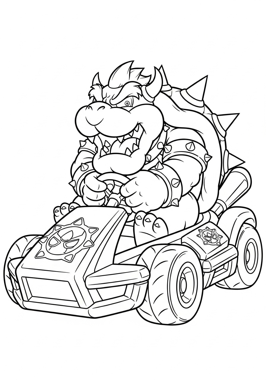 Roaring Bowser gripping steering wheel coloring page