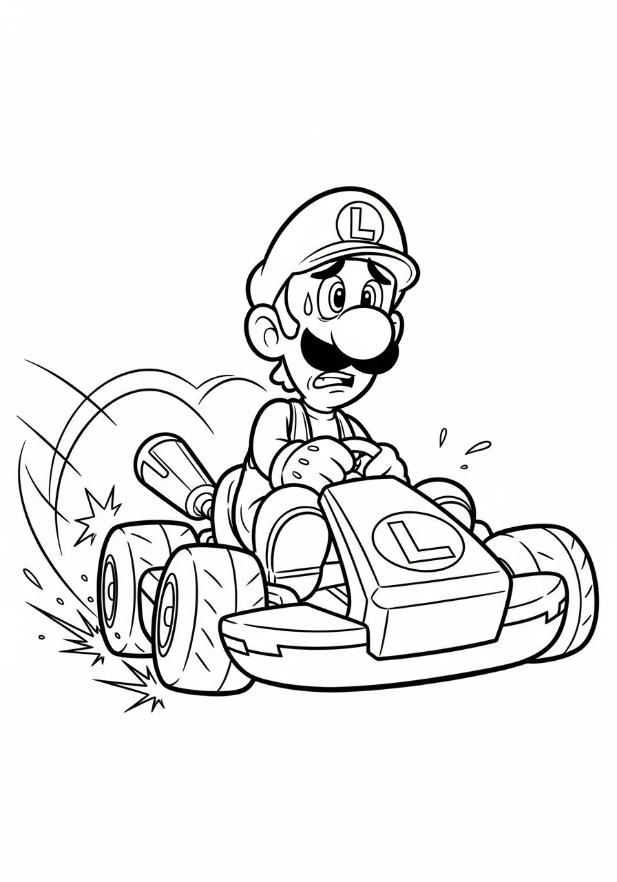 Scared Luigi drifting with blue sparks coloring page