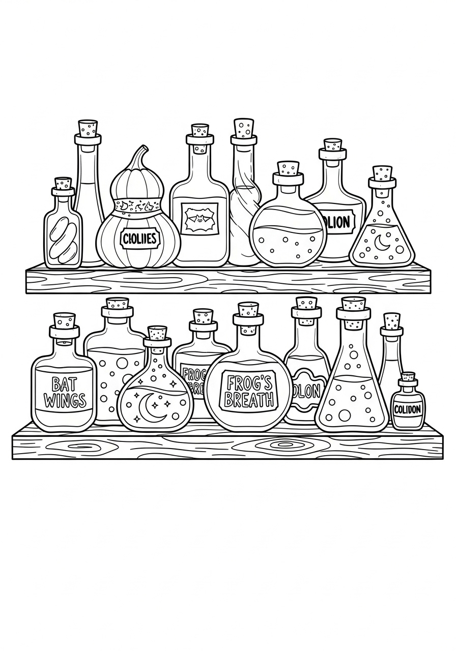 Halloween Coloring Pages 19 Shelf filled with magic potion bottles coloring page