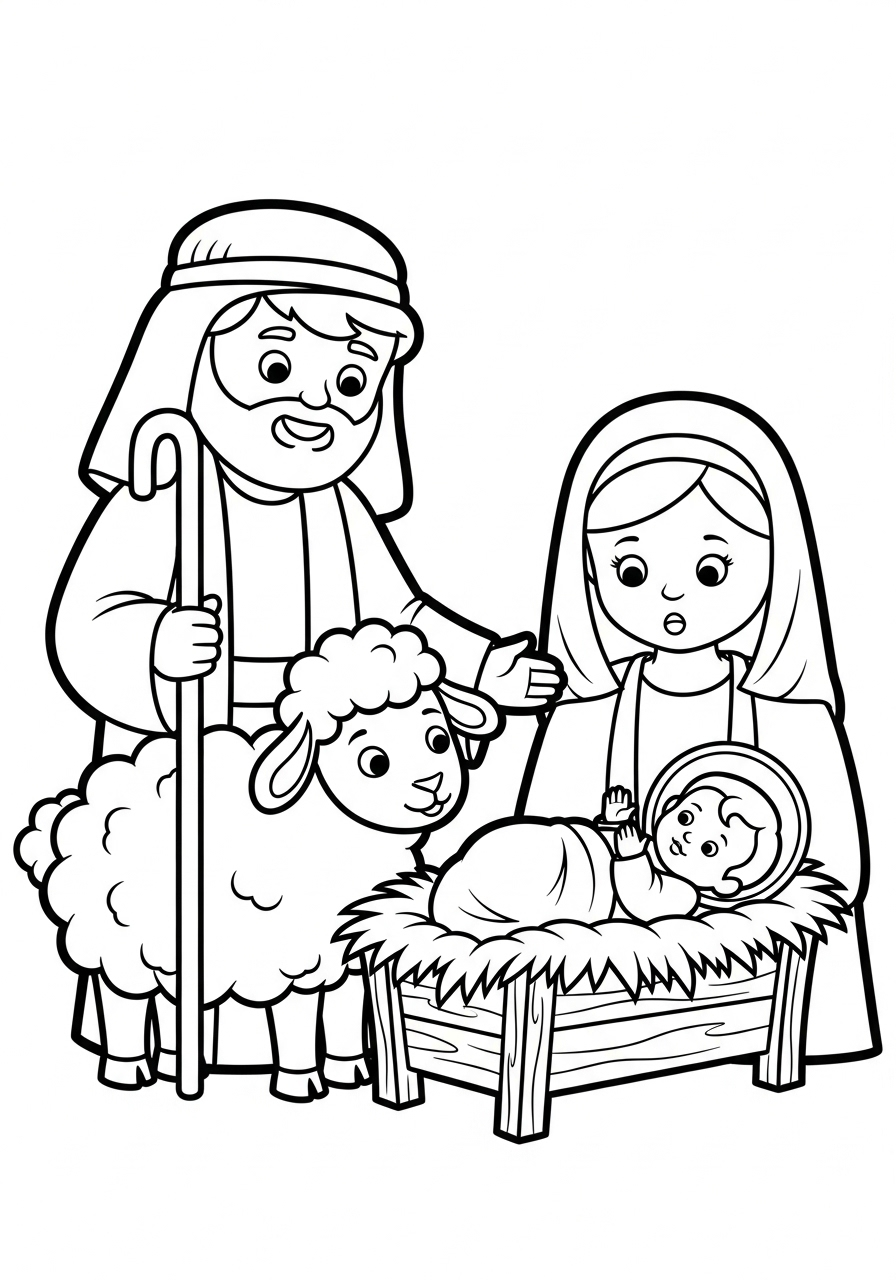Jesus Coloring Pages 9 Shepherd and sheep adoring baby Jesus coloring page