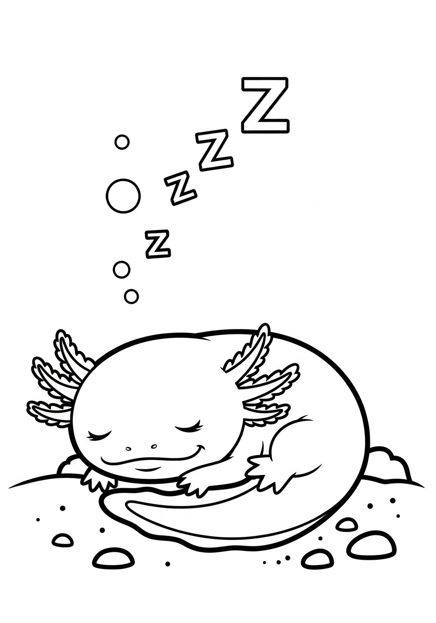 Sleeping Axolotl resting coloring page