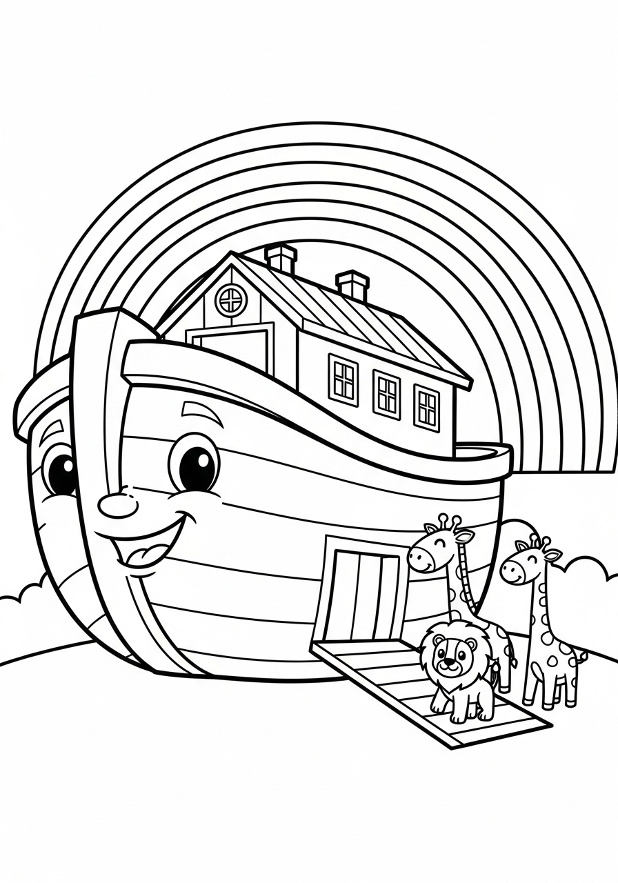 Smiling cartoon Noah’s Ark coloring page