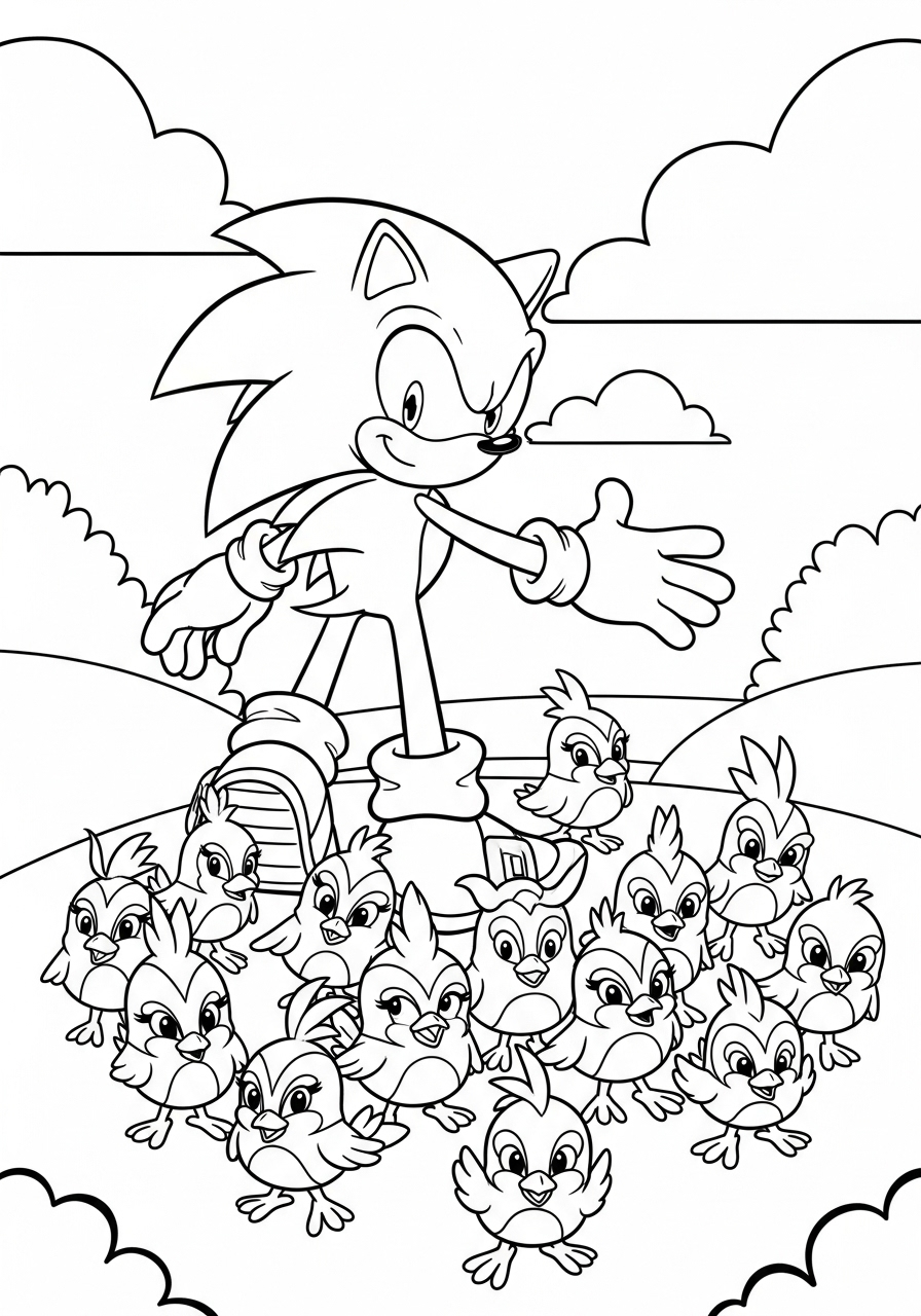 Sonic Coloring Pages 14 Sonic leading little birds coloring page