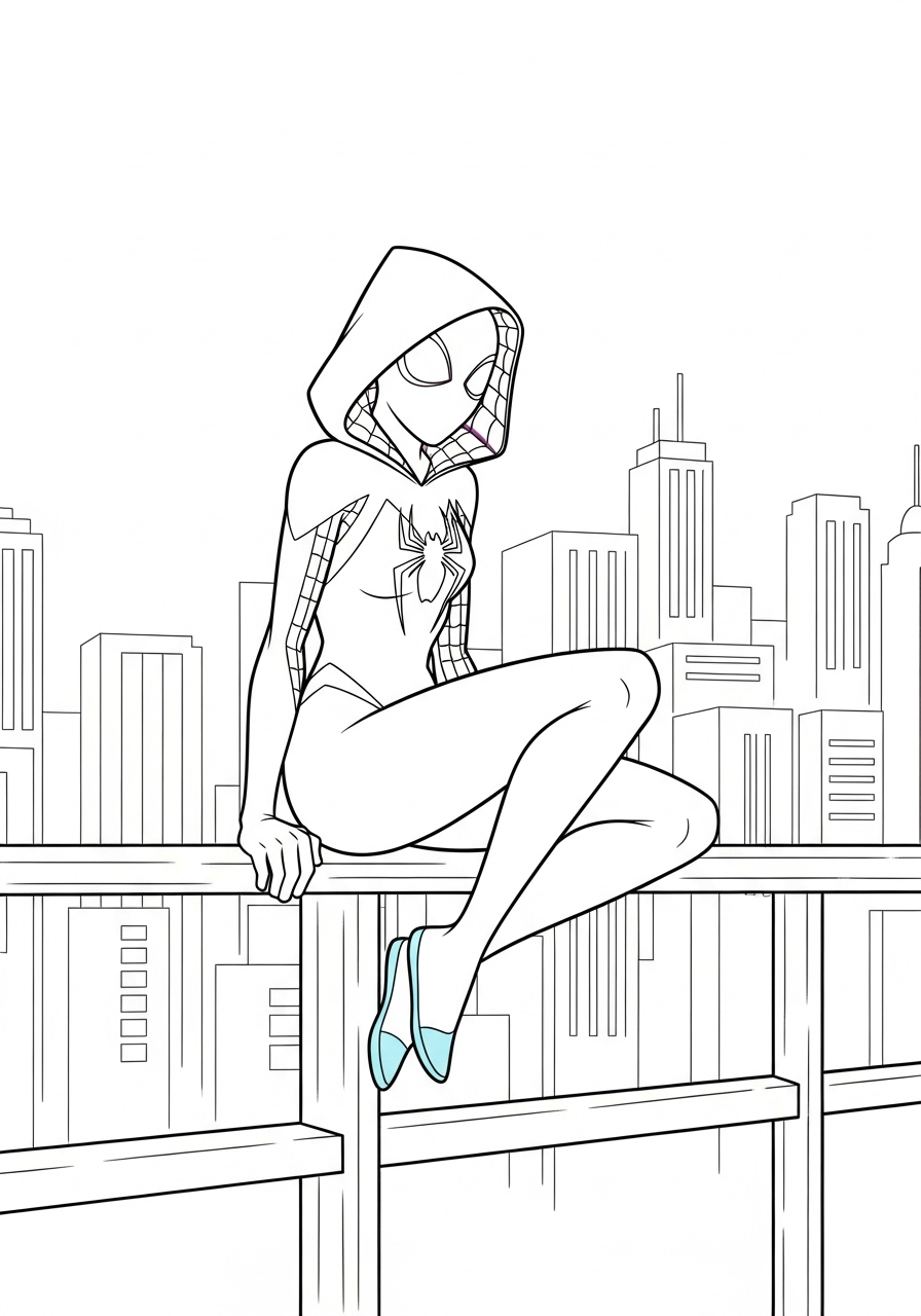 Spider-Man Coloring Pages 7 Spider-Gwen perches on railing coloring page