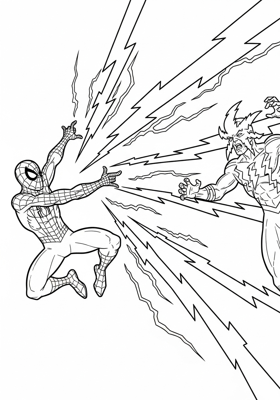 Spider-Man Coloring Pages 14 Spider-Man Dodging Electro’s lightning bolts coloring page