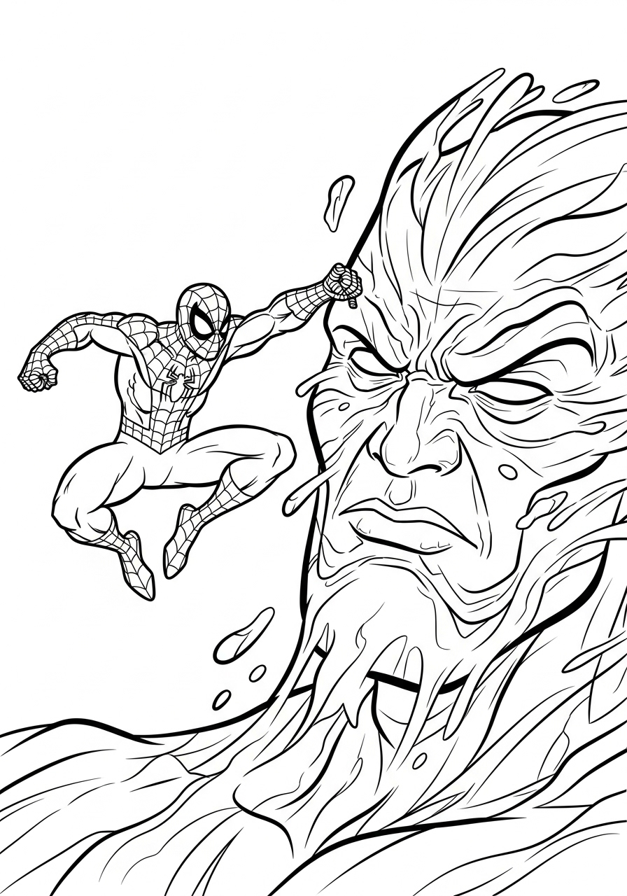 Spider-Man Coloring Pages 21 Spider-Man Punching giant Sandman face coloring page