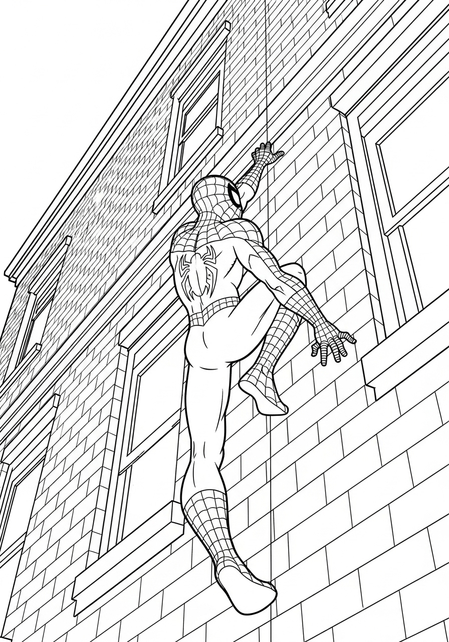Spider-Man Coloring Pages 9 Spider-Man climbs brick wall coloring page