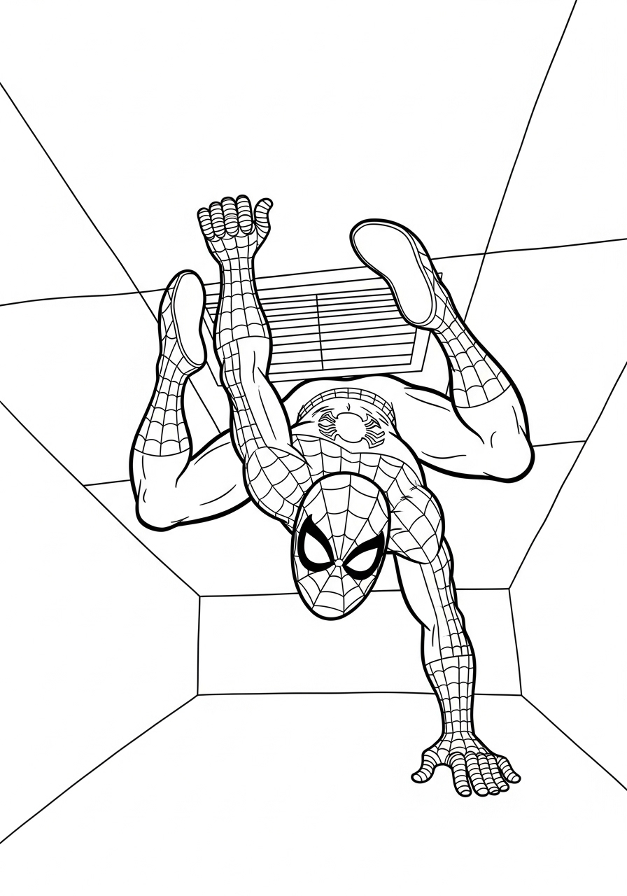 Spider-Man Coloring Pages 10 Spider-Man clinging stealthily to ceiling coloring page