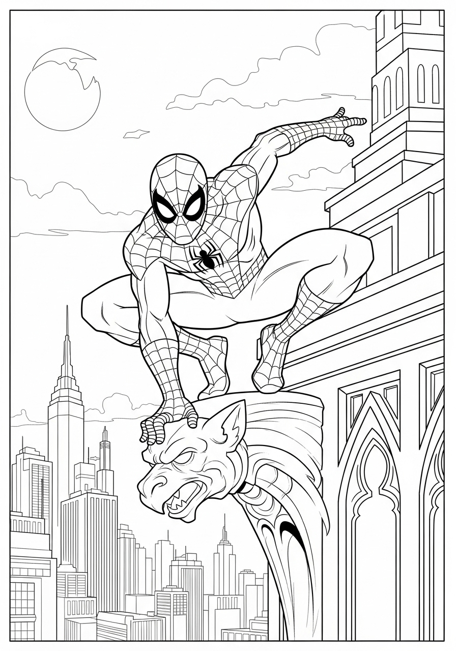 Spider-Man Coloring Pages 12 Spider-Man crouches on gargoyle coloring page