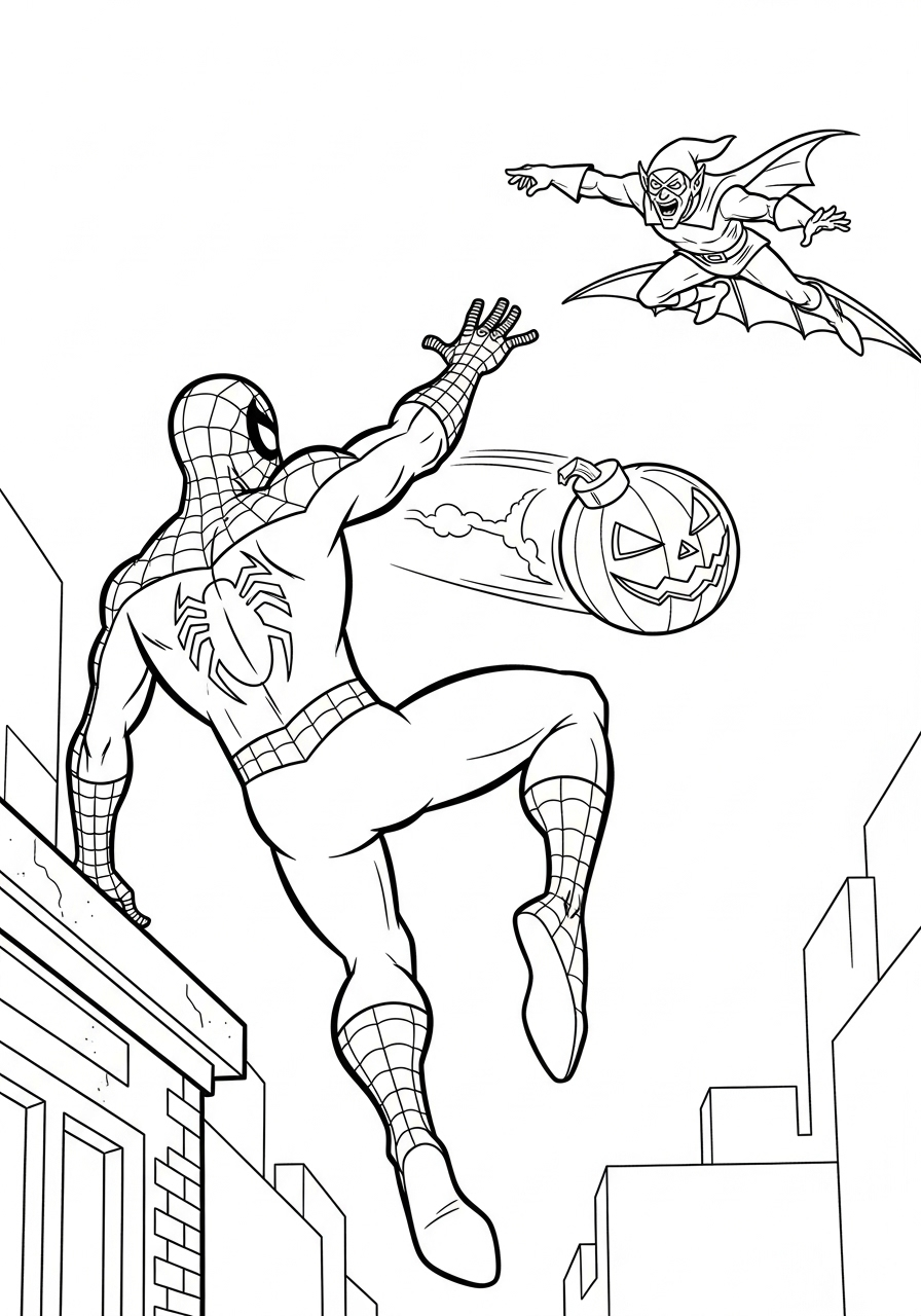 Spider-Man Coloring Pages 13 Spider-Man dodges Pumpkin Bomb coloring page