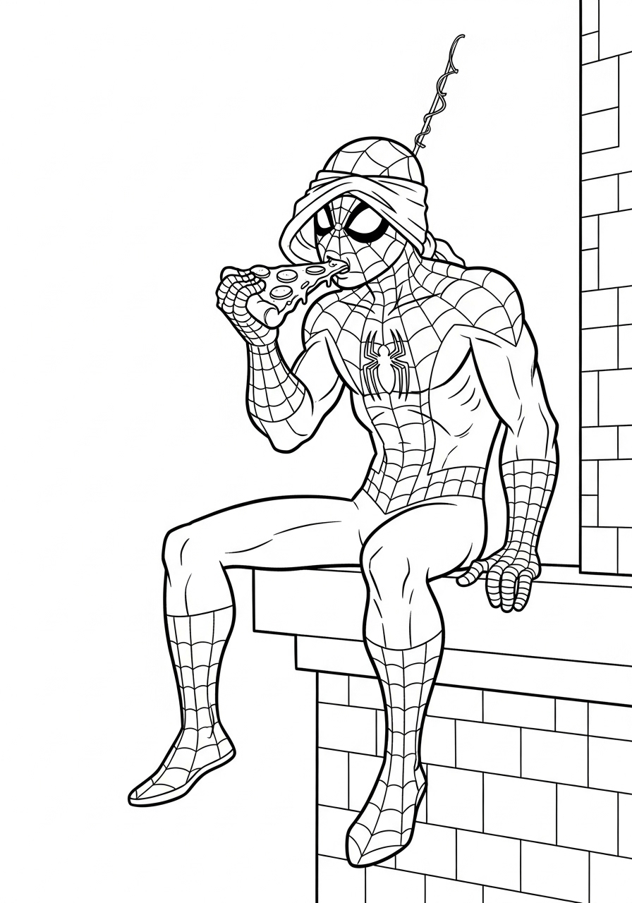 Spider-Man Coloring Pages 15 Spider-Man eats pizza coloring pages
