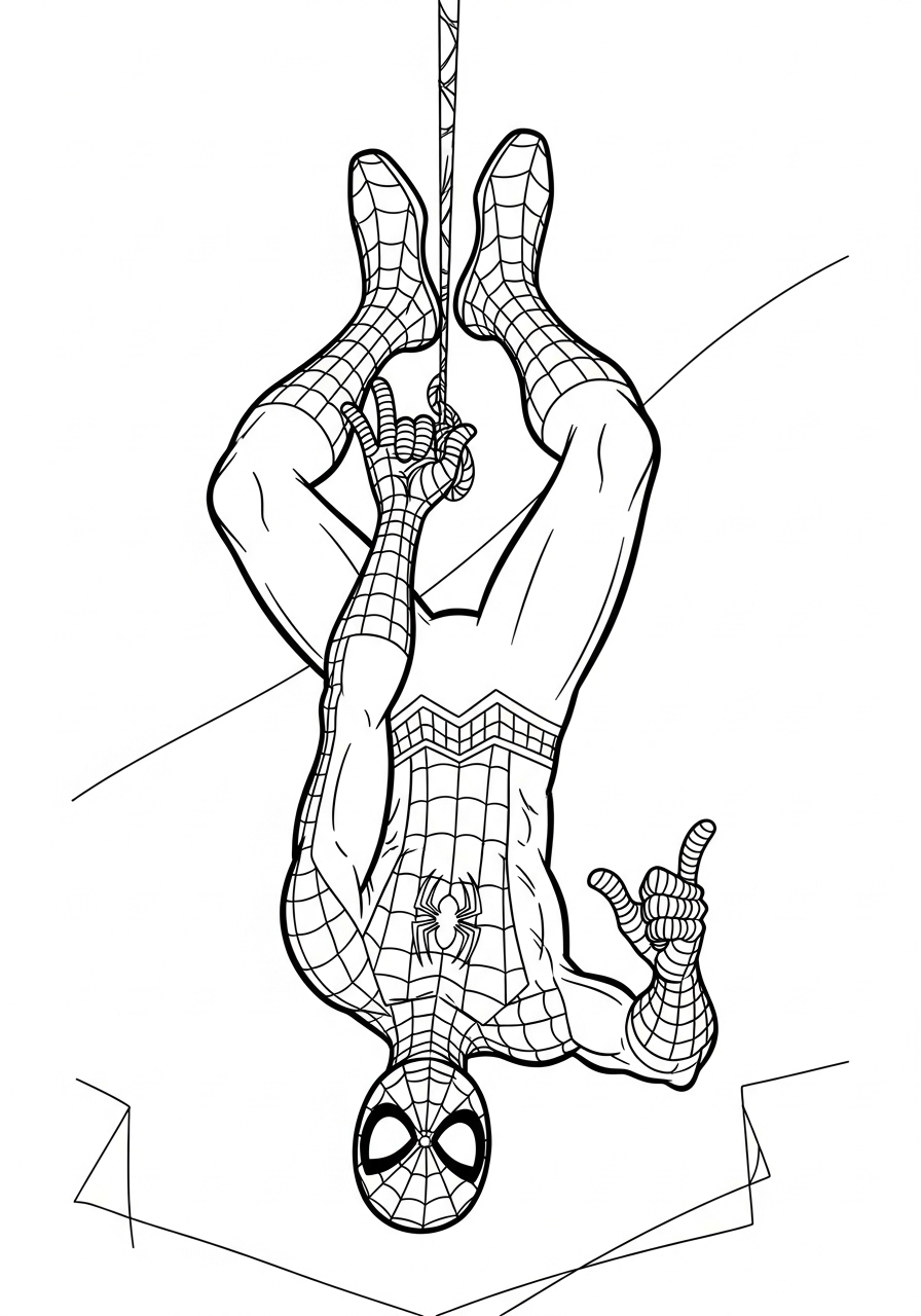 Spider-Man Coloring Pages 17 Spider-Man hanging upside down, waving coloring page
