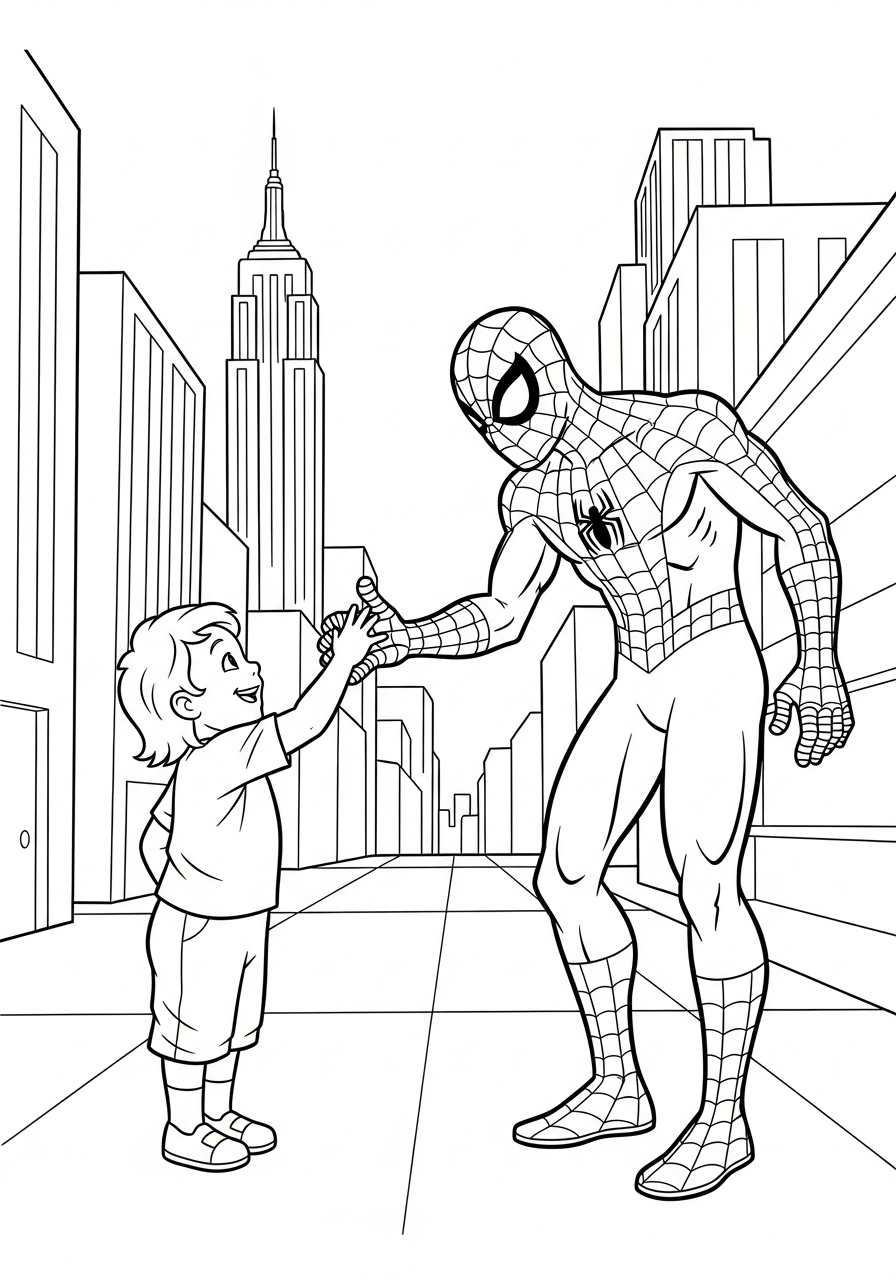 Spider-Man Coloring Pages 18 Spider-Man high-fives small child coloring page