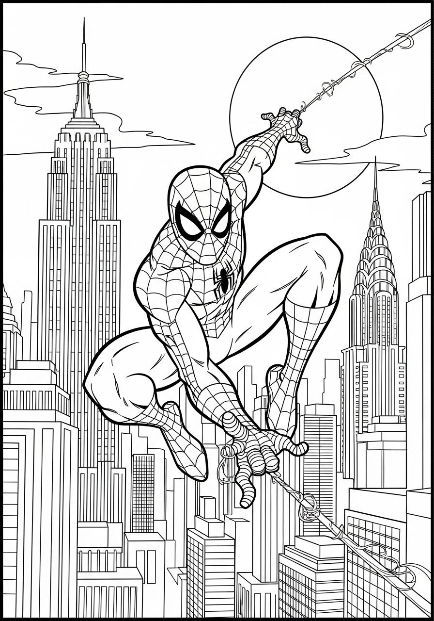Spider-Man Coloring Pages 22 Spider-Man swings through city coloring page