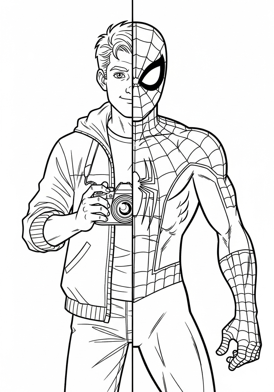 Spider-Man Coloring Pages 24 Split-image Peter and Spider-Man coloring page
