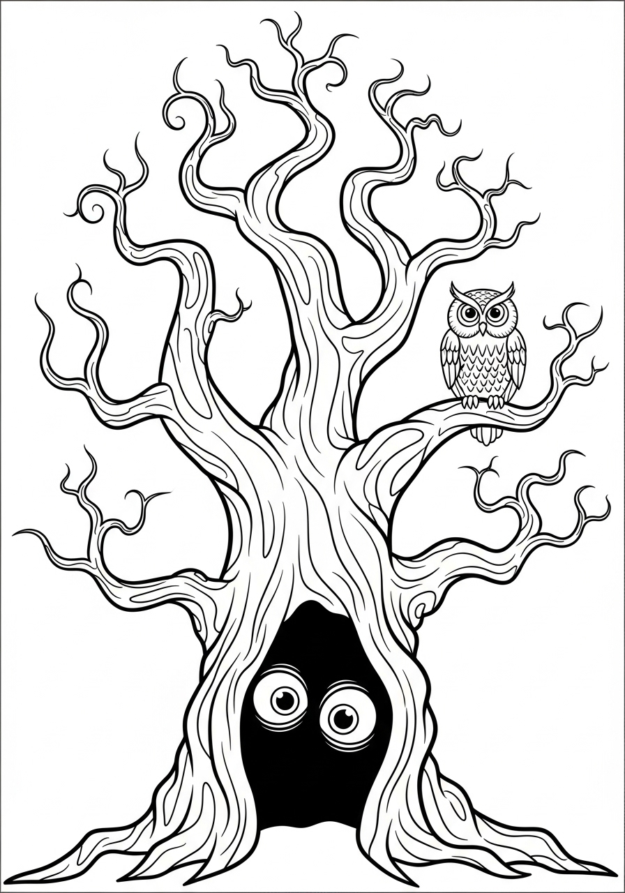 Halloween Coloring Pages 21 Spooky bare tree with glowing eyes coloring page