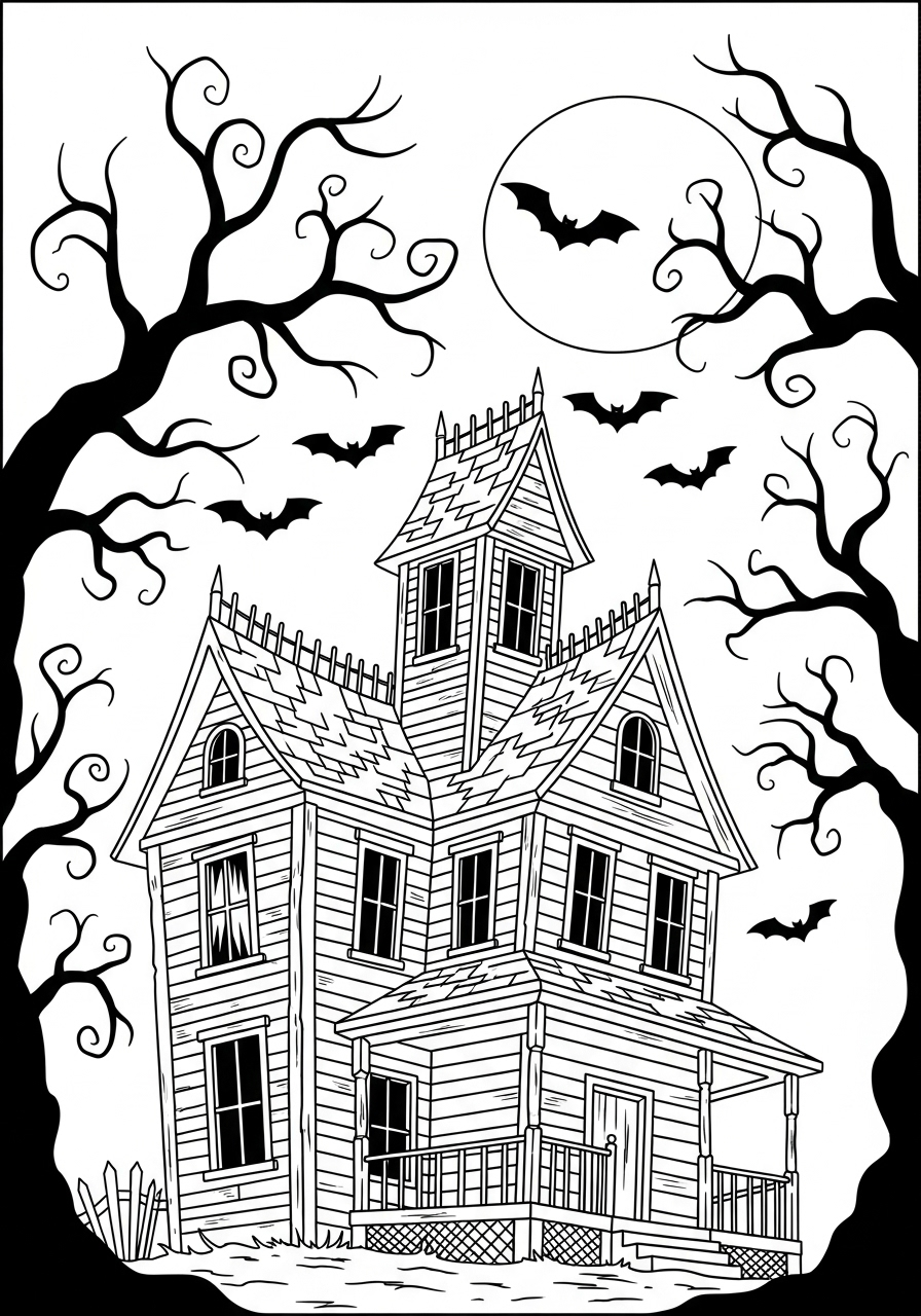 Halloween Coloring Pages 23 Spooky haunted house on hill coloring page