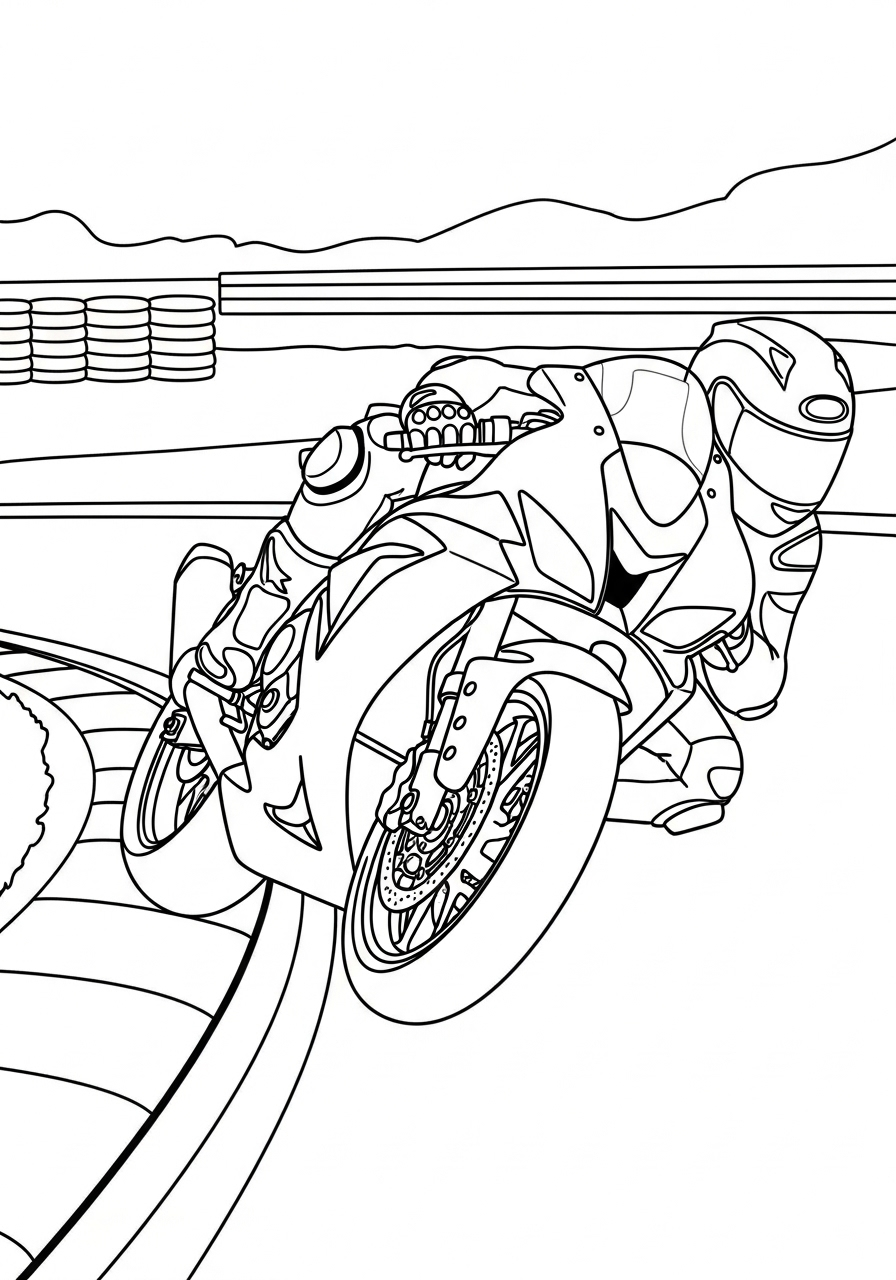 Sportbike leaning into a racetrack turn coloring page