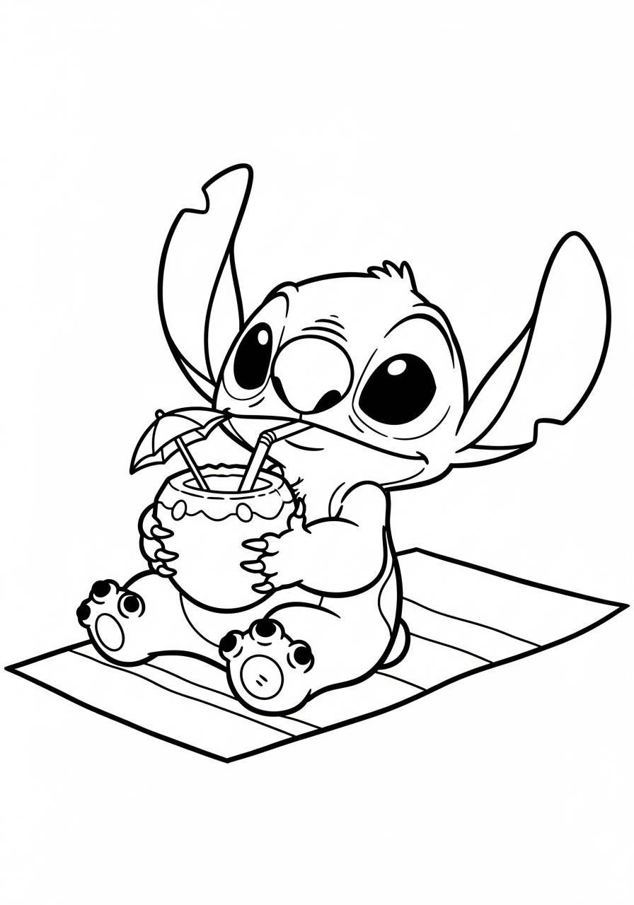 Lilo & Stitch Coloring Pages 13 Stitch drinking coconut on beach coloring page