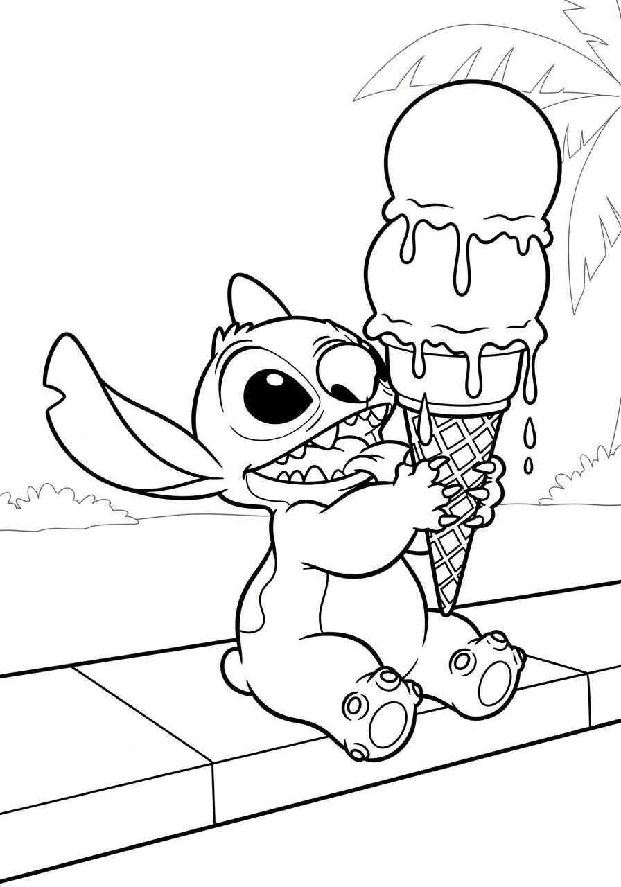 Lilo & Stitch Coloring Pages 14 Stitch eating large ice cream coloring page