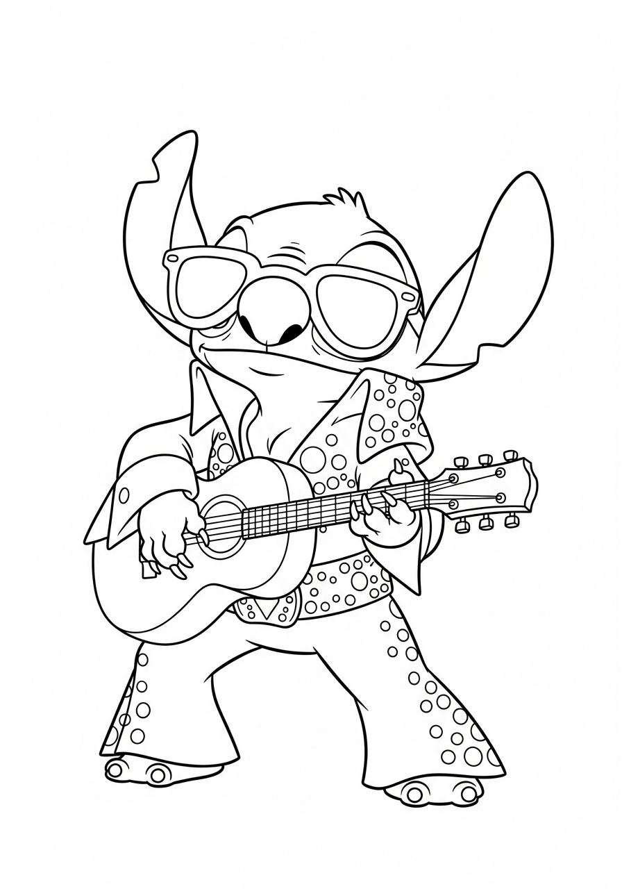 Lilo & Stitch Coloring Pages 16 Stitch in Elvis jumpsuit guitar coloring page
