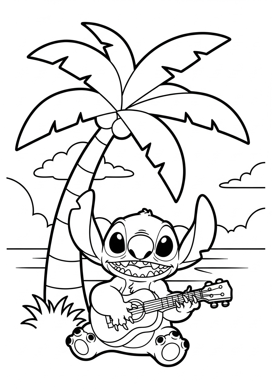Lilo & Stitch Coloring Pages 17 Stitch playing ukulele under palm coloring page