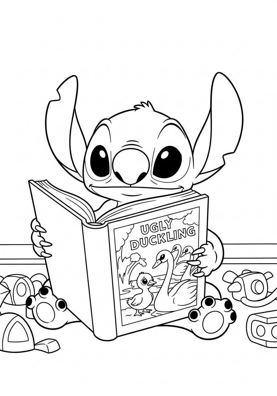 Lilo & Stitch Coloring Pages 20 Stitch reading Ugly Duckling book coloring page