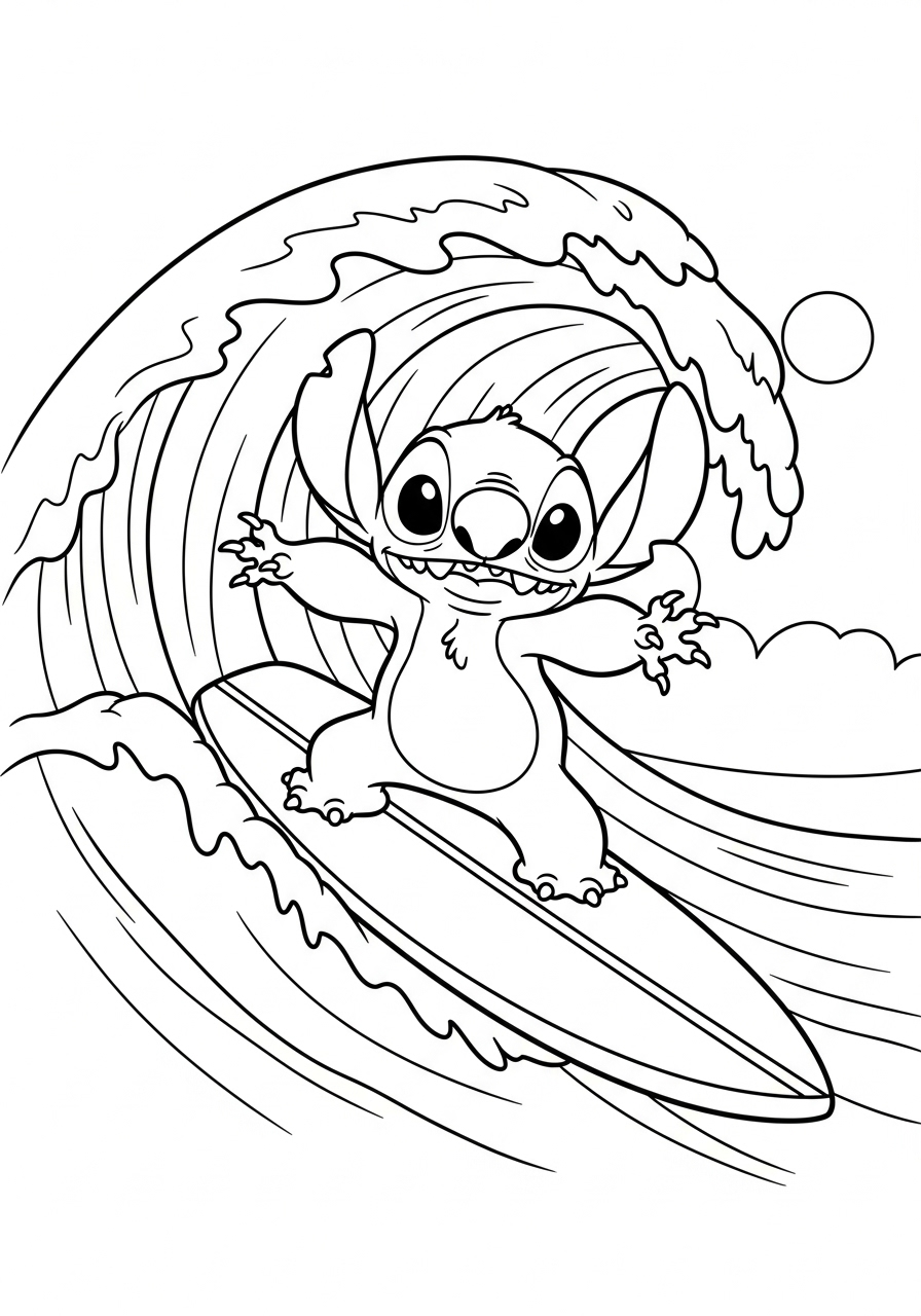 Lilo & Stitch Coloring Pages 21 Stitch surfing a big wave coloring page