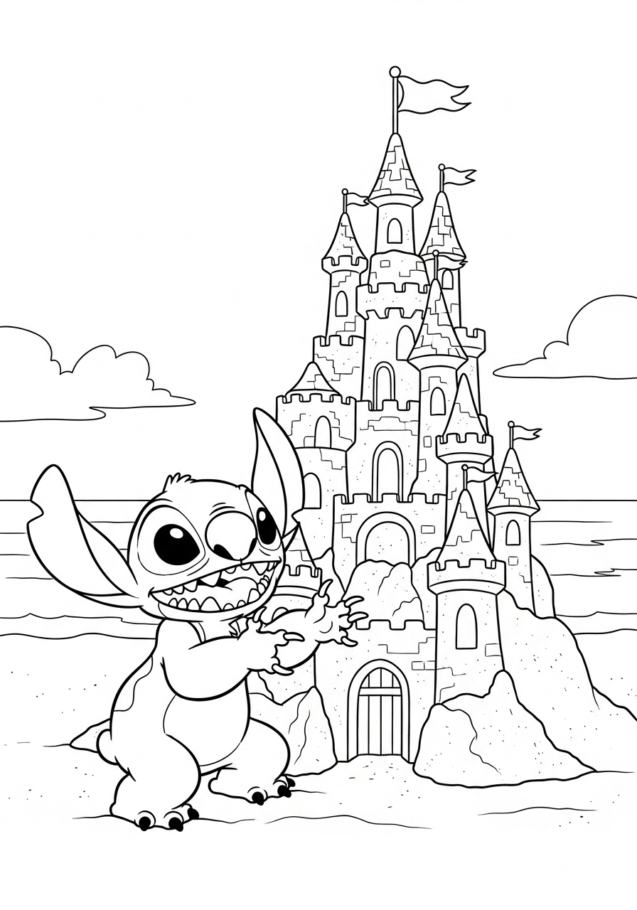 Lilo & Stitch Coloring Pages 22 Stitch with giant sandcastle coloring page