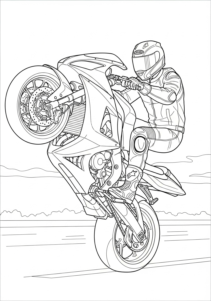Stunt bike performing a wheelie coloring page