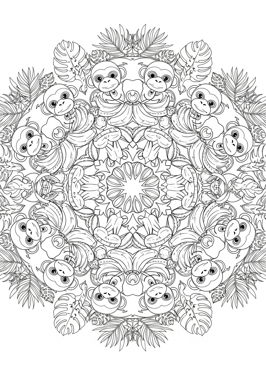 Symmetrical monkey pattern design coloring page
