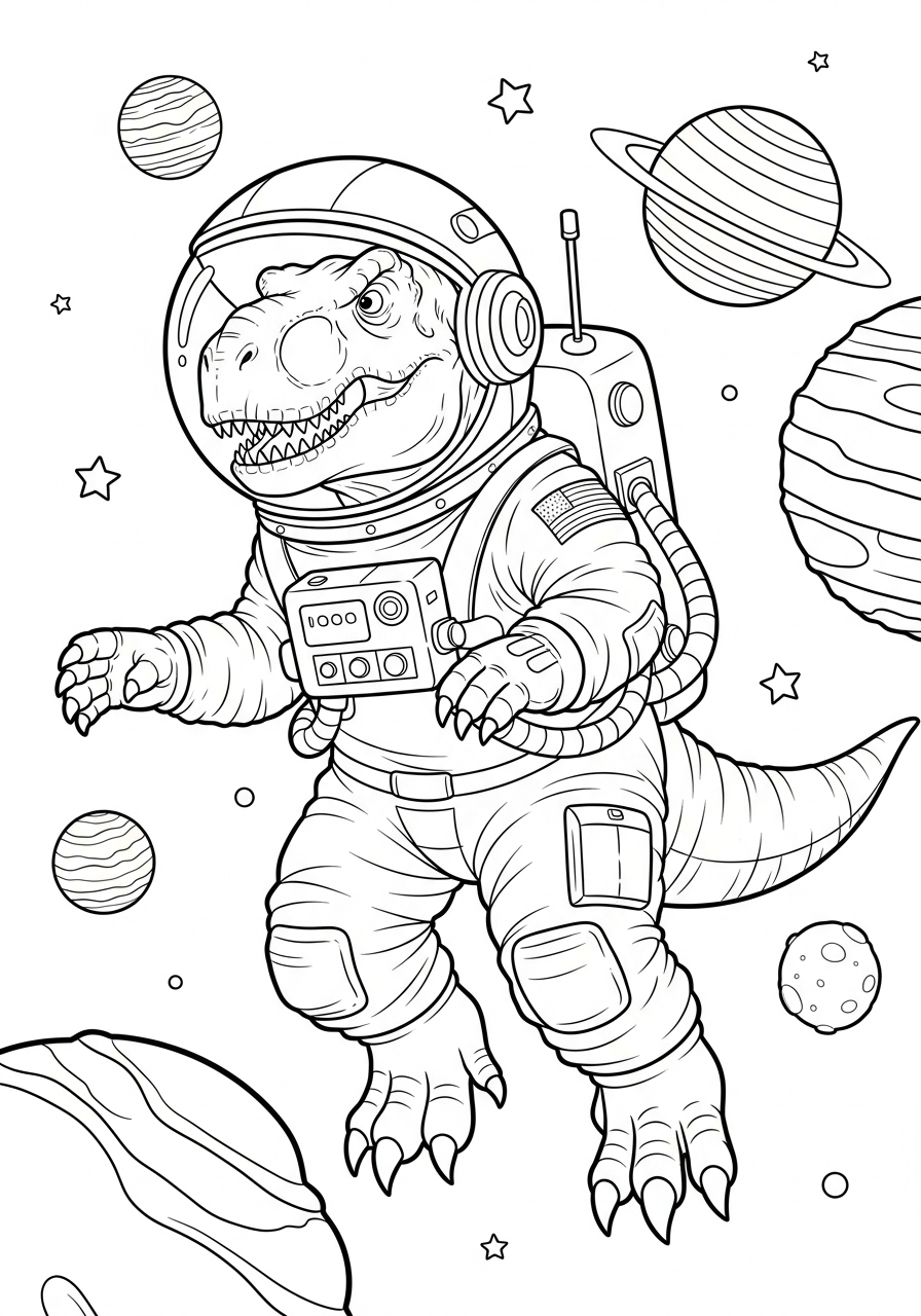 T-Rex Coloring Pages 11 T-Rex astronaut in space coloring page