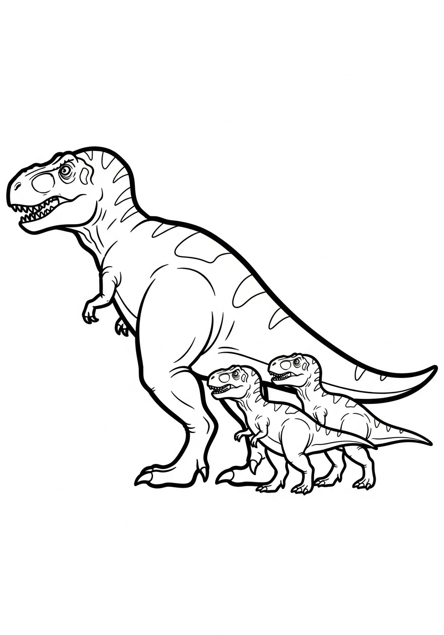 T-Rex Coloring Pages 14 T-Rex family with babies coloring page