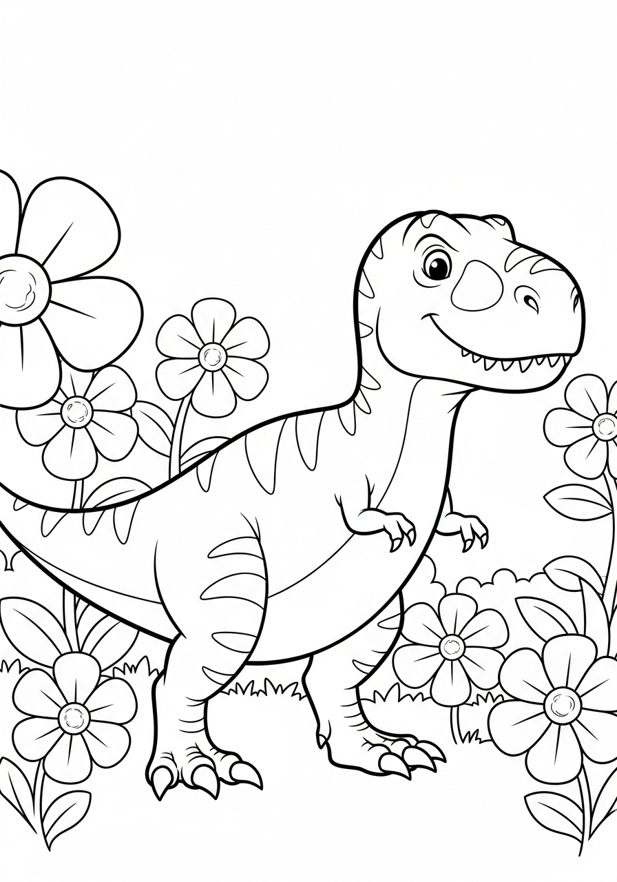 T-Rex Coloring Pages 16 T-Rex in flower field coloring page