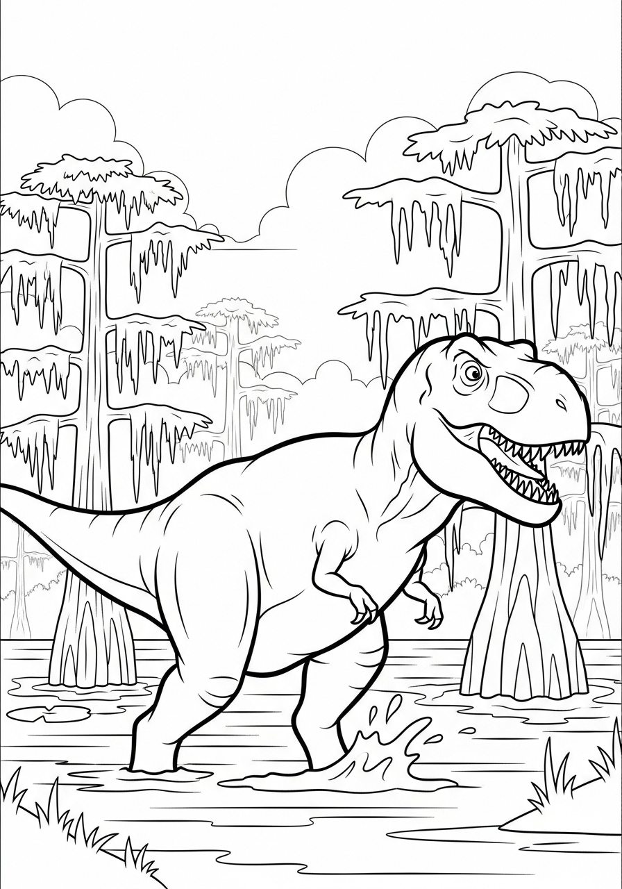 T-Rex Coloring Pages 17 T-Rex in foggy swamp coloring page