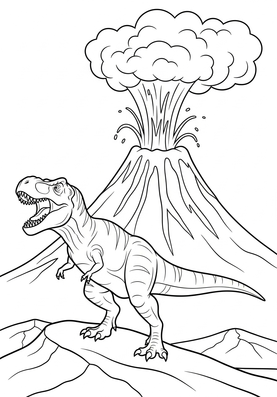 T-Rex Coloring Pages 20 T-Rex roaring at volcano coloring page
