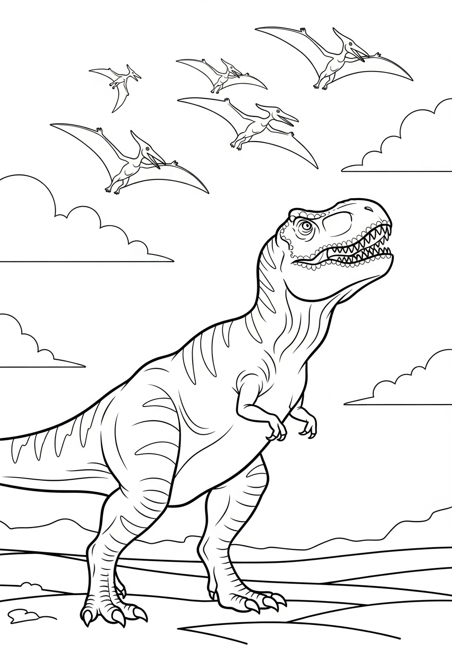 T-Rex Coloring Pages 23 T-Rex watching Pterodactyls coloring page