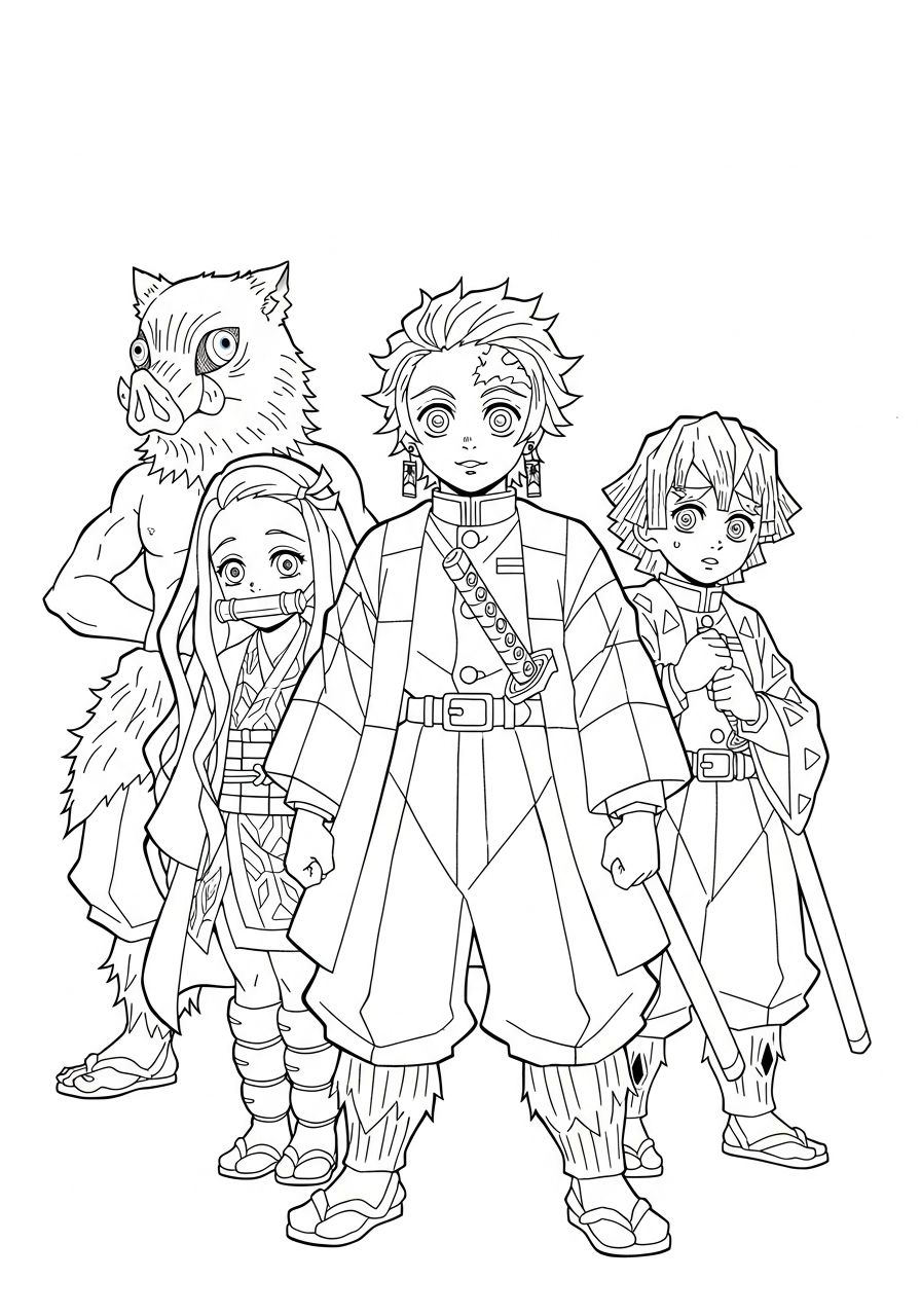 Tanjiro’s team group pose coloring page