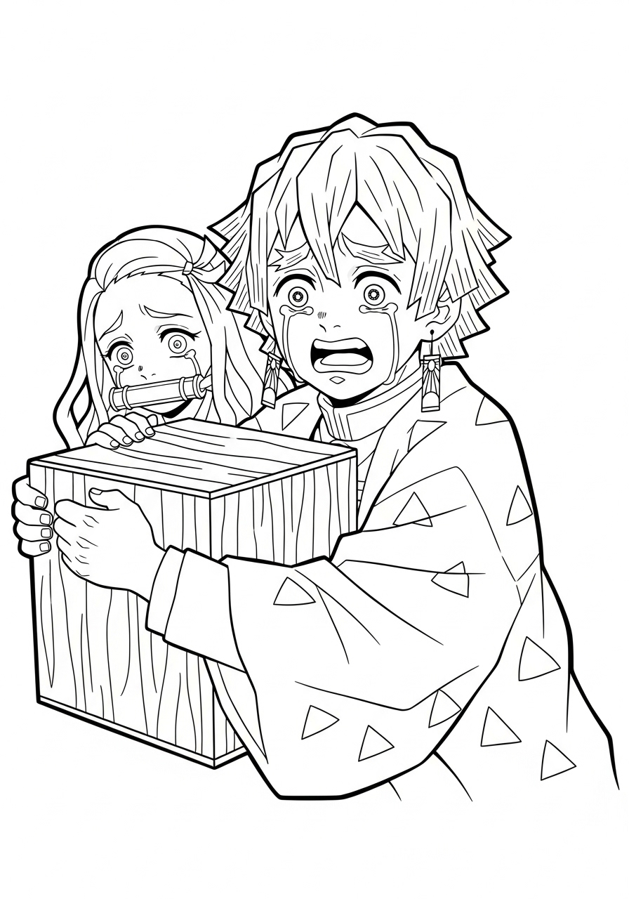 Terrified Zenitsu protecting Nezuko’s box coloring page