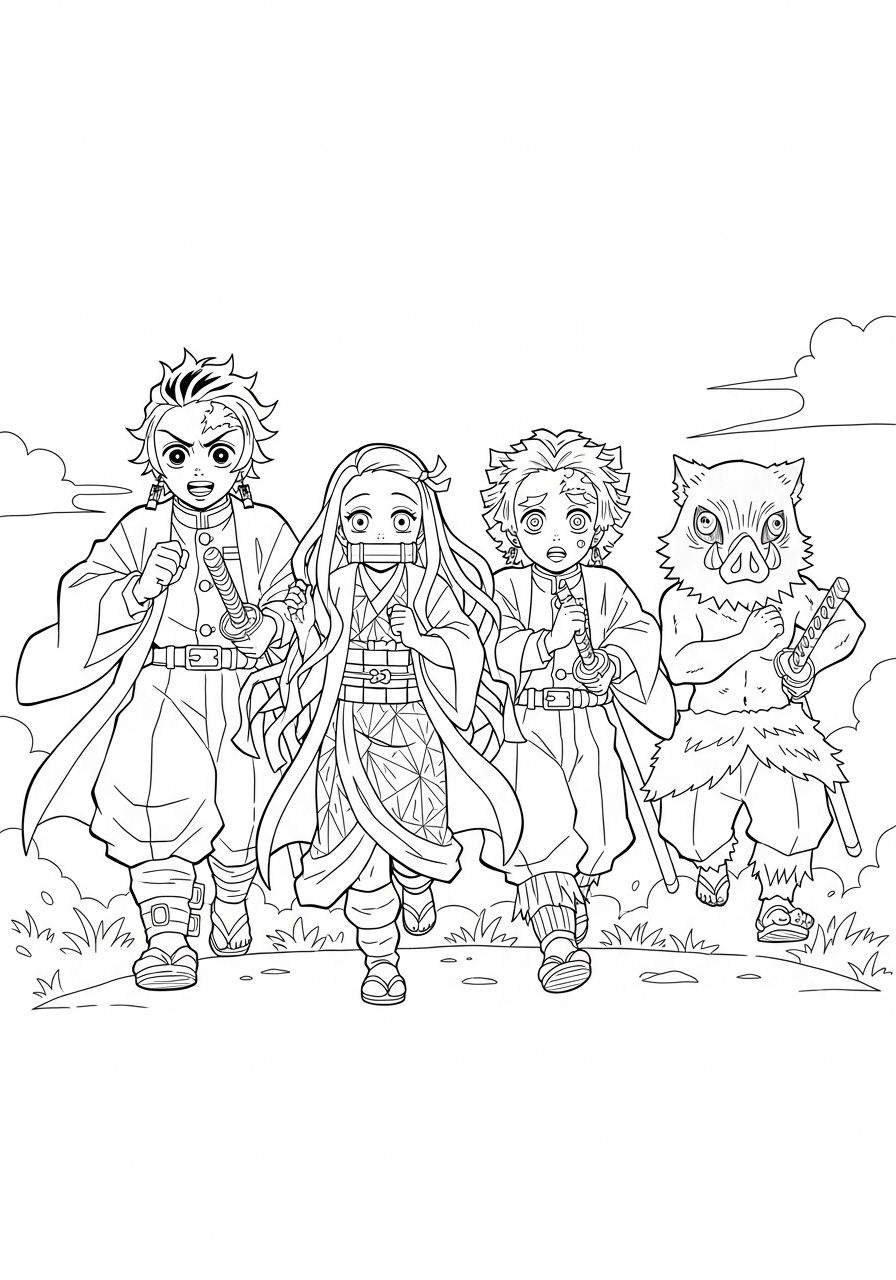 The main four Demon Slayer running united coloring page