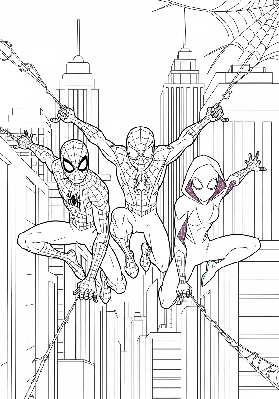 Spider-Man Coloring Pages 25 Three Spiders swing together coloring page