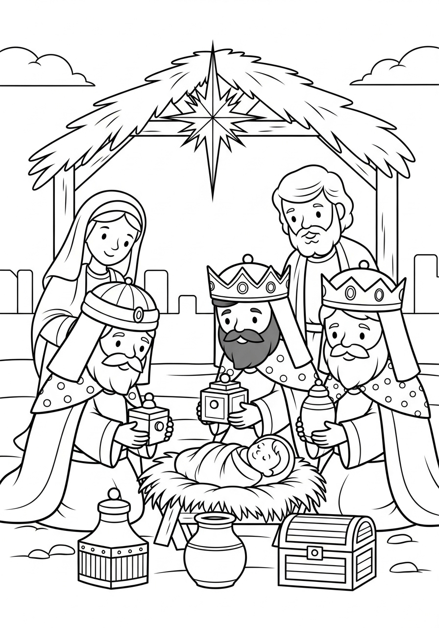 Jesus Coloring Pages 3 Three Wise Men presenting gifts coloring page
