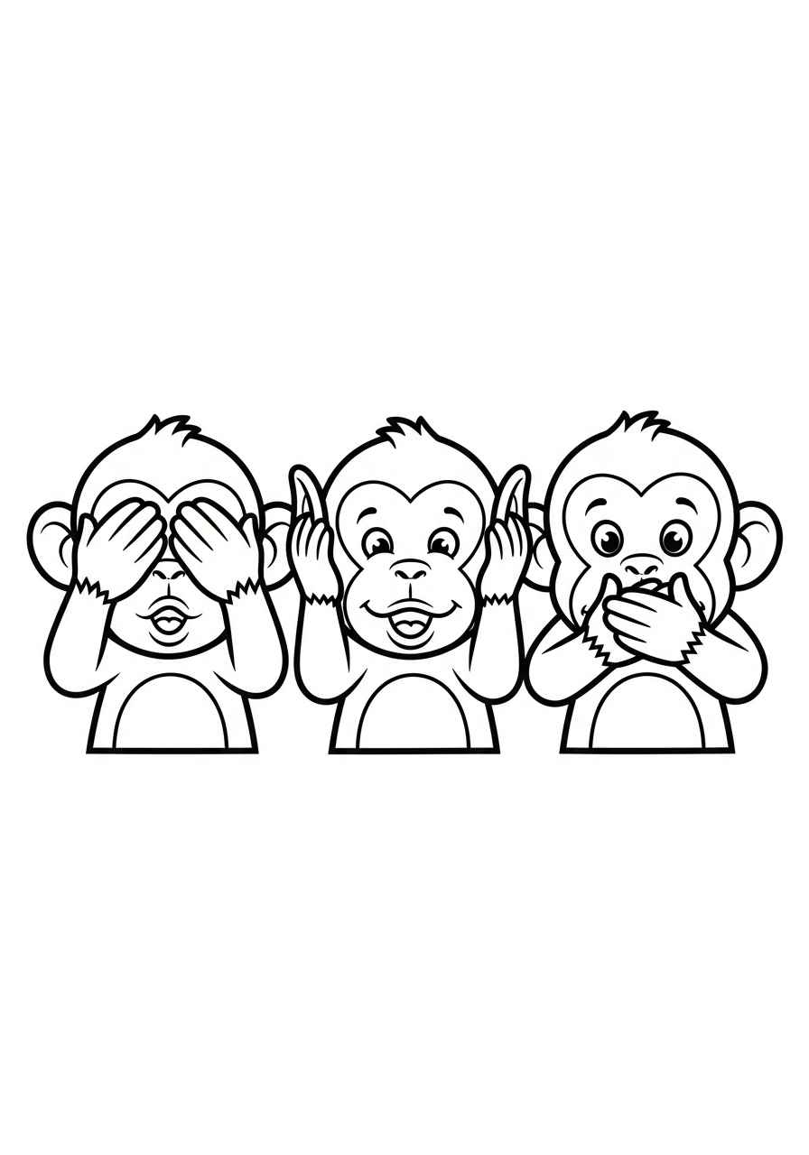 Three wise monkeys pose coloring page