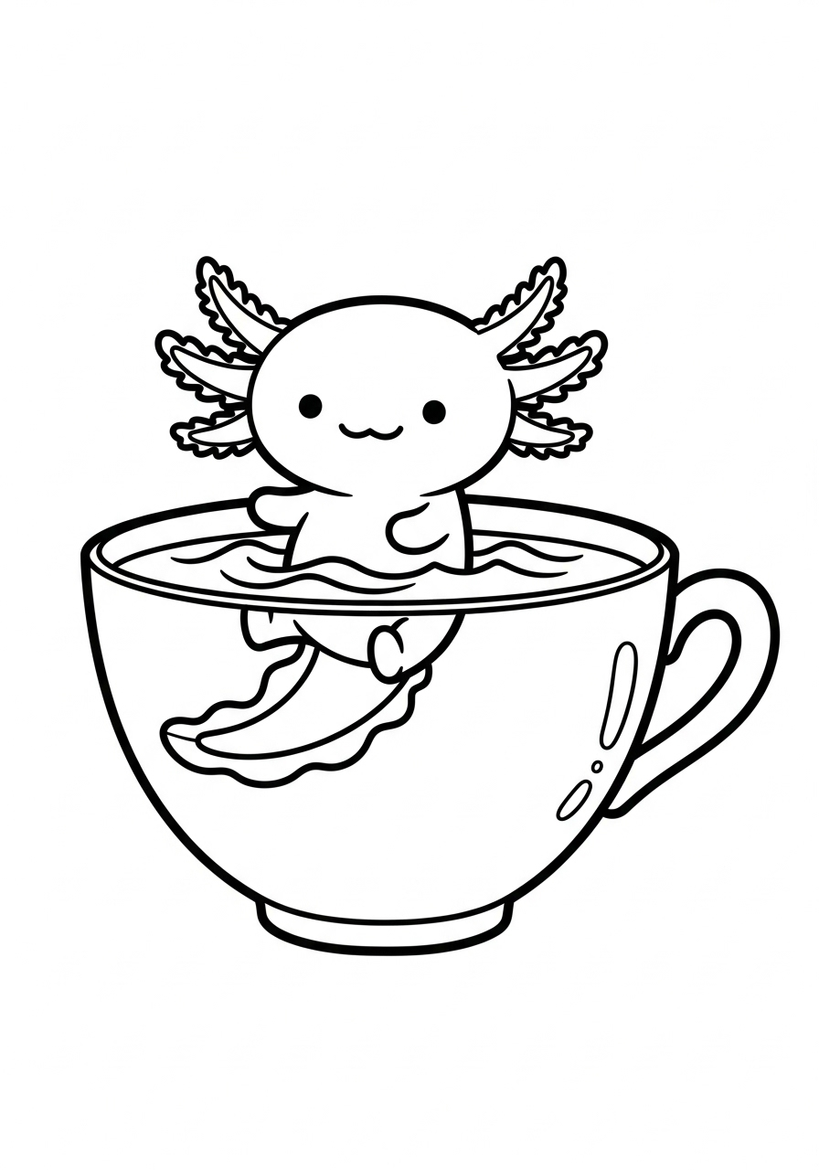 Tiny Axolotl in teacup coloring page