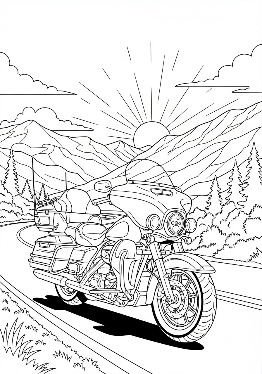 Touring motorcycle on scenic mountain road coloring page