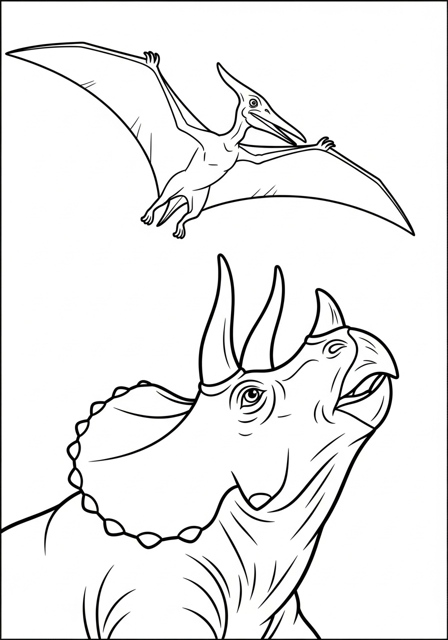 Triceratops and Pterodactyl sky coloring page